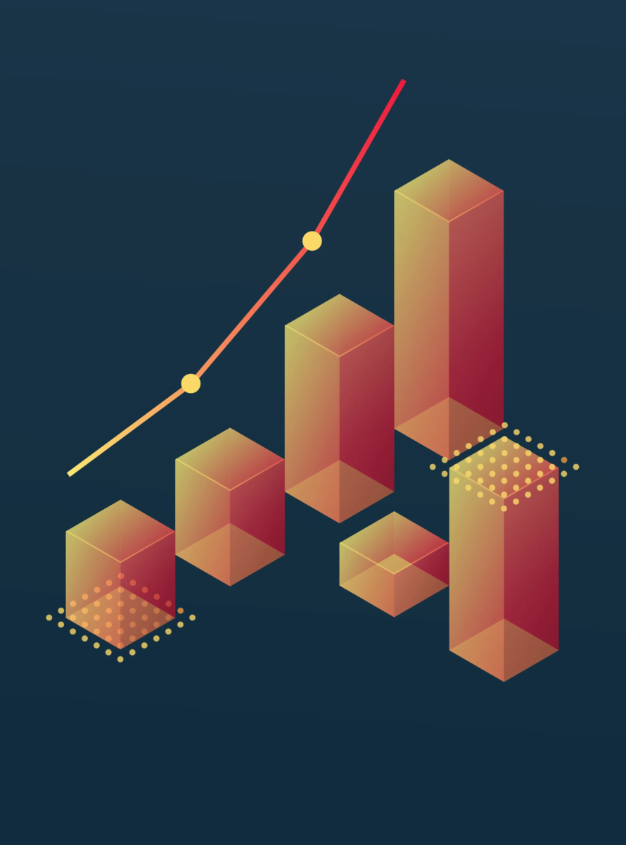 3D bar and line graph showing successive growth on dark background